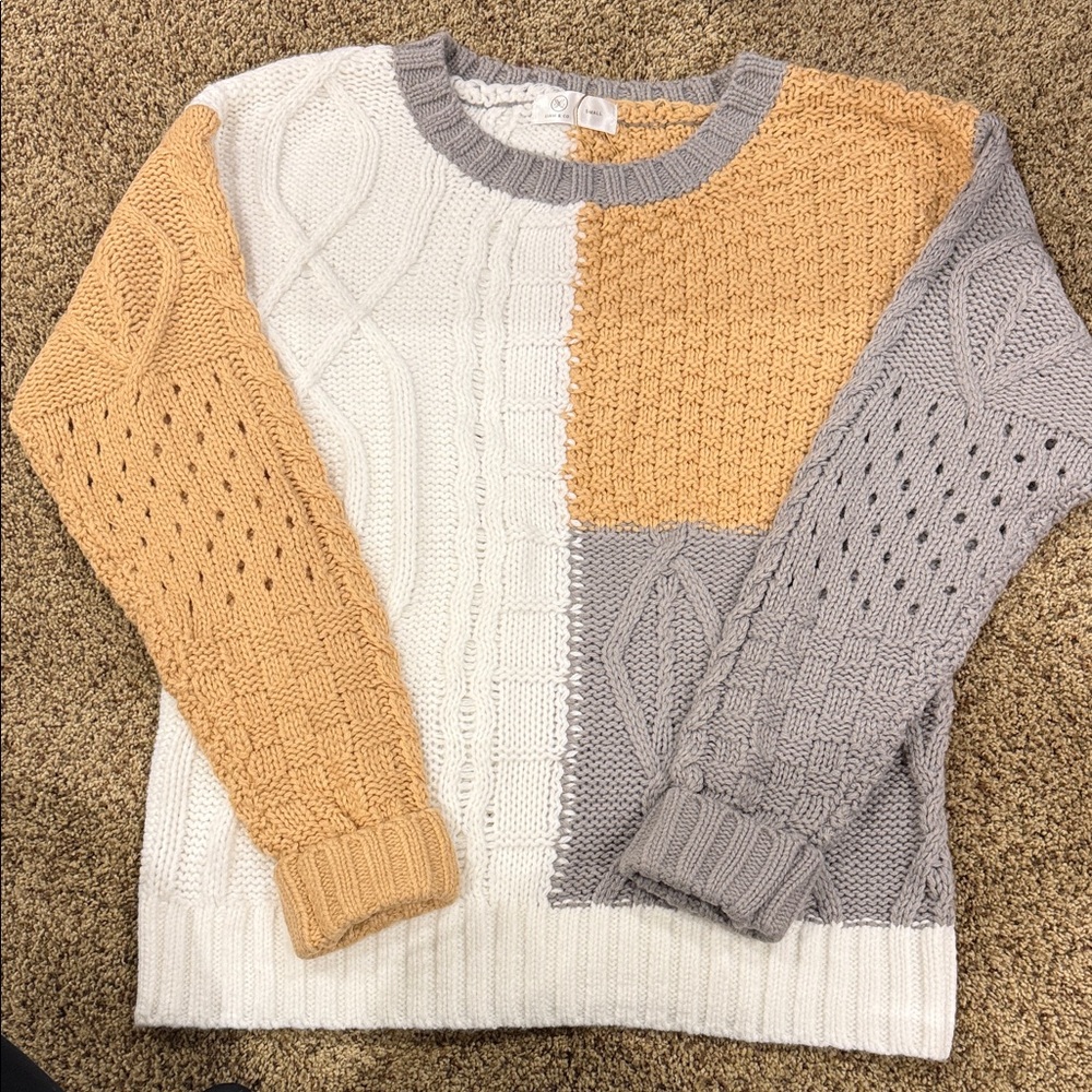 Tri-Color Cable Knit Crewneck Sweater - White, Mustard & Gray